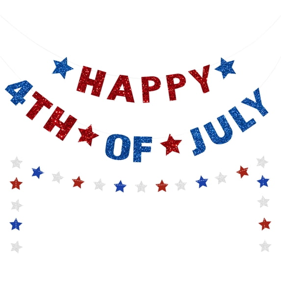 Happy 4th of July Banner, Red White Blue Glitter Patriotic Independence Day Banner with Star Garland, 4th of July Decorations for Wall Window Fireplace Party Home Decor,300*15cm