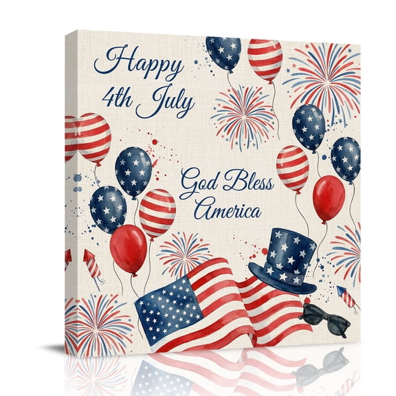 Happy 4th July Canvas Wall Art for Living Room, Retro God Bless American Flag Balloon Firework Top Hat Poster Print Painting for Bedroom Office Home Decoration Wall Pictures Prepare To Hang 8"x8"