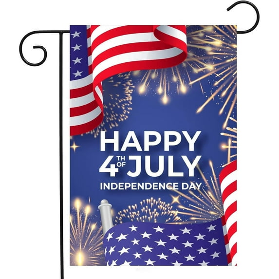 Happy 4th of July Firework USA Patriotic Memorial Independence Day American Garden Yard Flag 12"x 18" Double Sided Polyester Welcome House Flag Banners for Patio Lawn Outdoor Home Decor