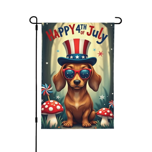 Happy 4th Of July Garden Flag 12x18 Inch Double Sided – Patriotic Dachshund Dog With Uncle Sam Hat & Sunglasses Outdoor Yard Decoration For Porch, Lawn & Patio