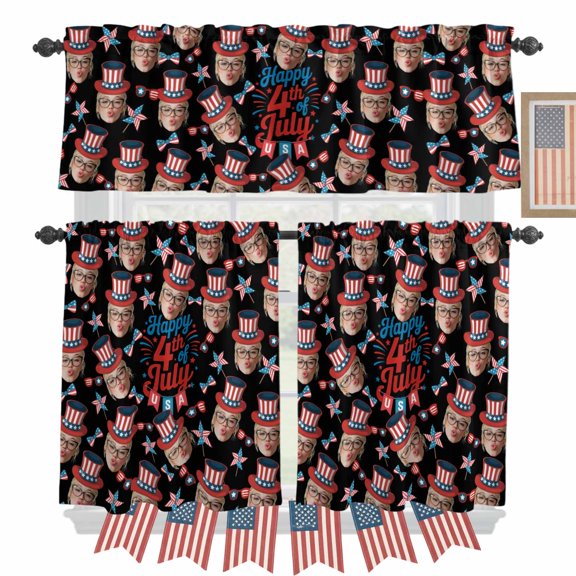 Happy 4th Of July Kitchen Curtains Valances 3 Piece Set, USA Flag Bow Hat Windmills Glasses Black Background Rod Pocket Tier Curtain and Valance Drapes for Small Window 24 Inch Length for Bedroom