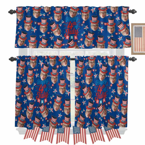 Happy 4th Of July Kitchen Curtains Valances 3 Piece Set, USA Flag Bow Hat Windmills Glasses Blue Background Rod Pocket Tier Curtain and Valance Drapes for Small Window 24 Inch Length for Bedroom Cafe