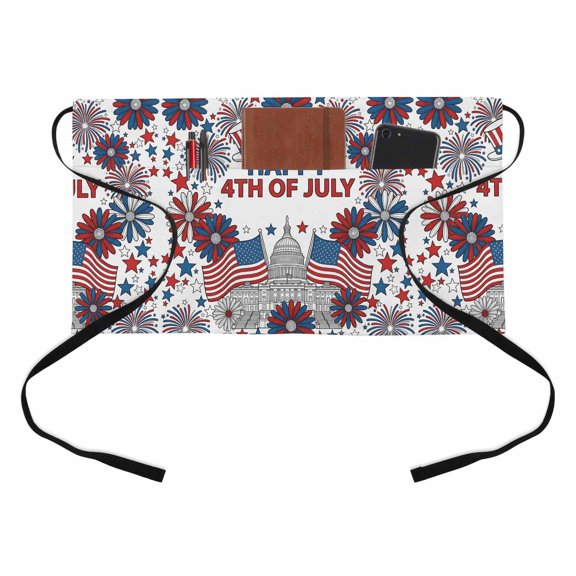 Happy 4th of July Kitchen Restaurant Half Waist Apron, Capitol Flag Firework Sunflower Patriotic Server Short Apron with 3 Pockets Waterproof Oil Waist Aprons for Women Waitress Waiter