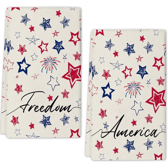 Happy 4th of July Kitchen Towels Dish Towels Set of 2, 18x26 Inch America and Freedom Kitchen Decor Drying Dishcloth, Festival Star Firework Independence Day Decoration Hand Towels