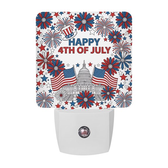 Happy 4th of July Night Lights, Capitol Flag Firework Sunflower Patriotic Smart Auto Dusk to Dawn Sensor Nightlights Plug-in Nightlight for Bedroom Bathroom Living Room Kitchen Hallway