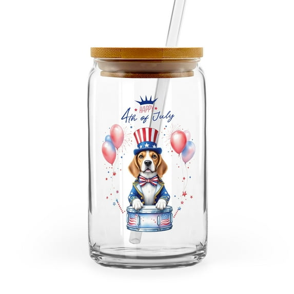 Happy 4th of July Patriotic Beagle Marching Band Uniform Balloons Fireworks 16oz Glass Cup Mug Beagles Dog Lover Gifts Idea Glass Can with Bamboo Lid and Straw - 13009