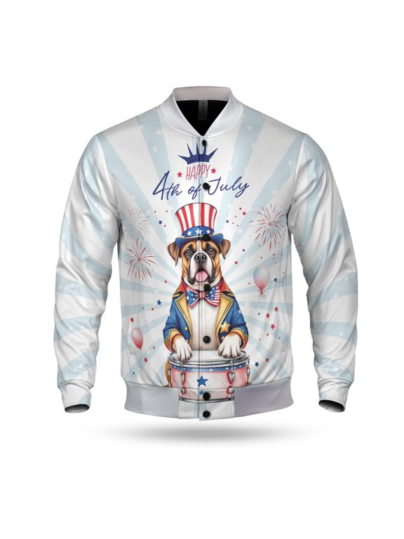 Happy 4th of July Patriotic Boxer Marching Band Uniform Balloons Fireworks All Over Print 3D Baseball Jacket Boxers Dog Lover Gifts Idea Bomber Jacket Softball - 13009