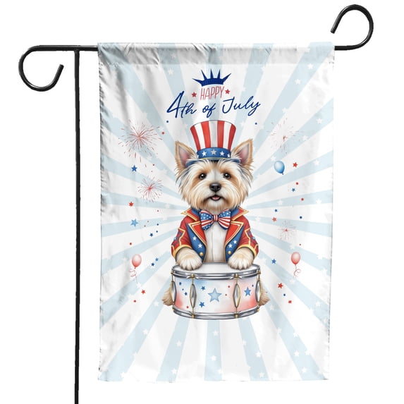 Happy 4th of July Patriotic Cairn Terrier Marching Band Uniform Balloons Fireworks Garden Flag 12x18in Double Sided Cairns Dog Lover Outdoor Decor - 13009