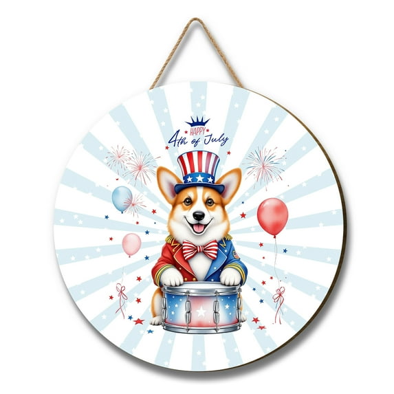 Happy 4th of July Patriotic Corgi Marching Band Uniform Balloons Fireworks Round Wood Sign Welsh Corgi Dog Lover Gifts Idea Hanging Wall Home Decor - 13009