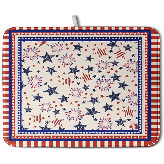 Happy 4th of July Patriotic Dish Drying Mat 16 x 18 Inch US Independence Day Vintage Star Kitchen Drying Mat Blue White Red Dish Drainer Mats Super Absorbent Dish Rack Pad for Coffee Bar Sinks