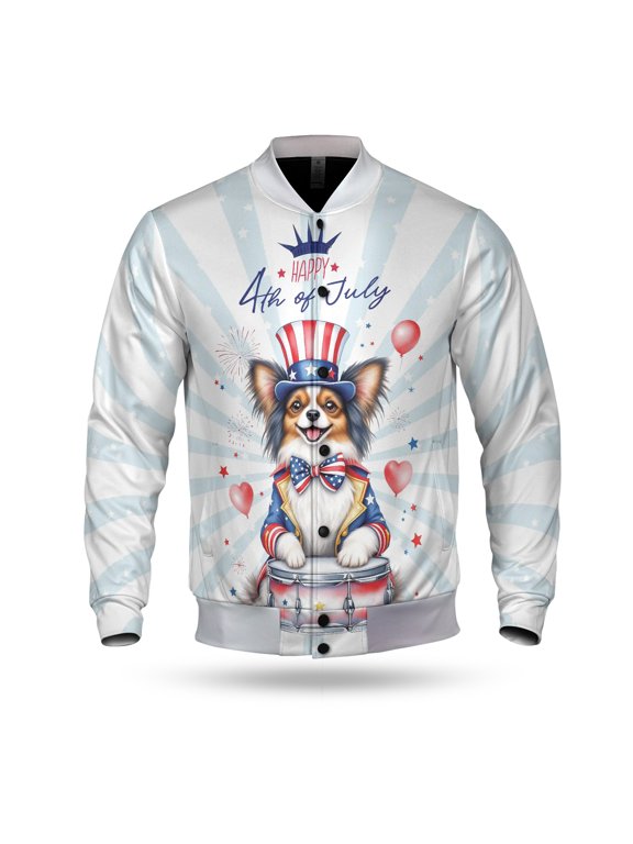 Happy 4th of July Patriotic Papillon Marching Band Uniform Balloons Fireworks All Over Print 3D Baseball Jacket Pap Butterfly Dog Lover Bomber Jacket Softball - 13009