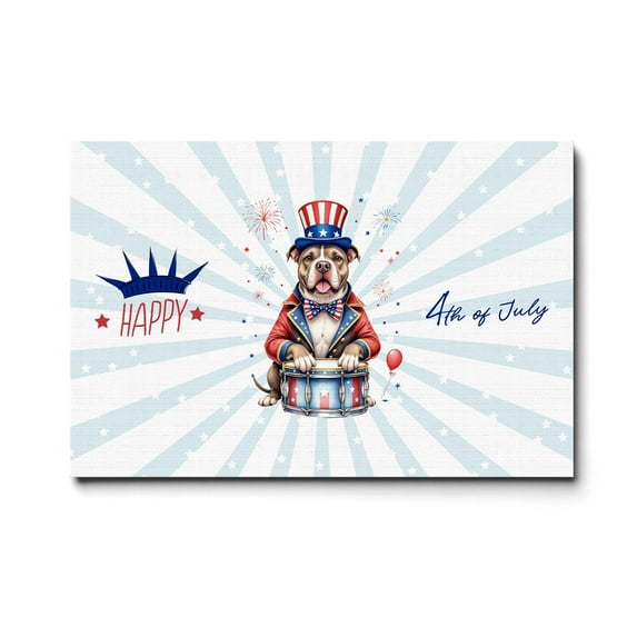 Happy 4th of July Patriotic Pitbull Marching Band Uniform Balloons Fireworks Horizontal Matte Canvas Poster Terrier Dog Lover Wall Art Home Decor - 13009