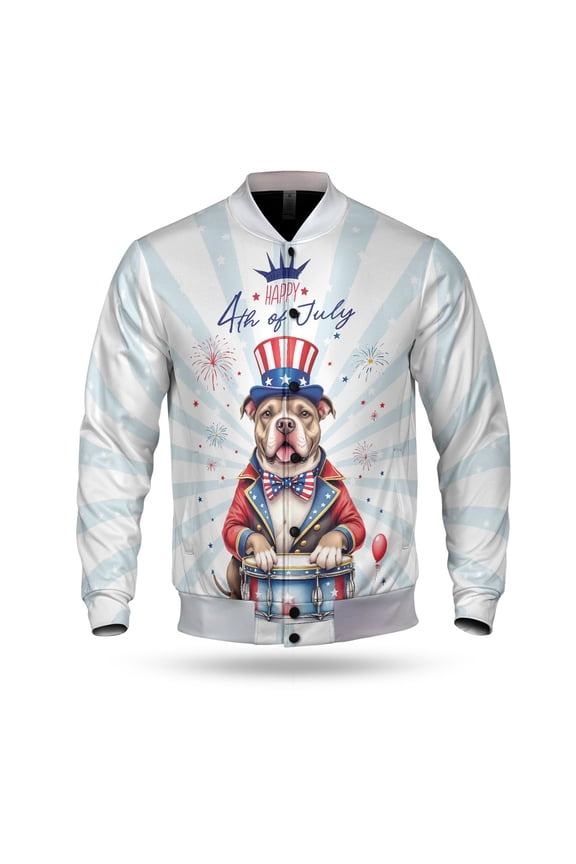 Happy 4th of July Patriotic Pitbull Marching Band Uniform Balloons Fireworks All Over Print 3D Baseball Jacket Terrier Dog Lover Bomber Jacket Softball - 13009