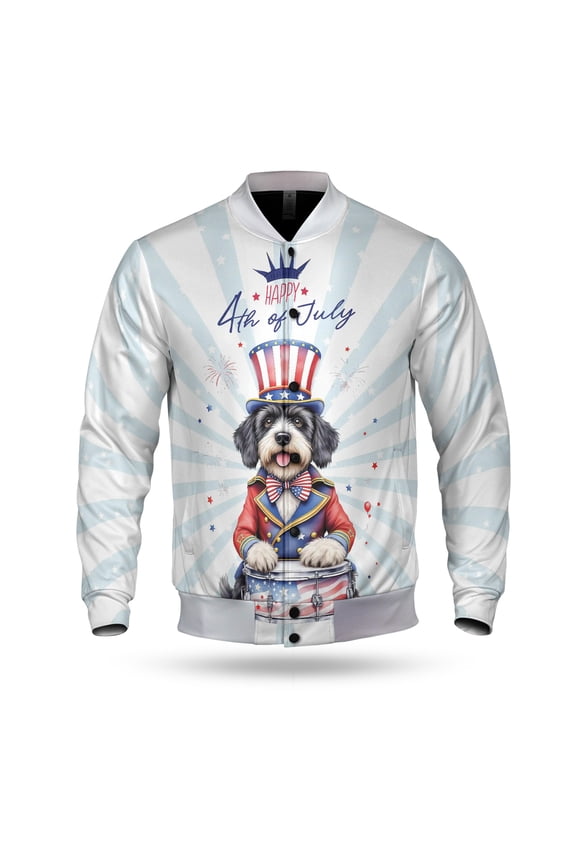 Happy 4th of July Patriotic Portuguese Water Dog Marching Band Uniform Balloons Fireworks All Over Print 3D Baseball Jacket PWD Portie Fishing Dog Lover Bomber Jacket Softball - 13009
