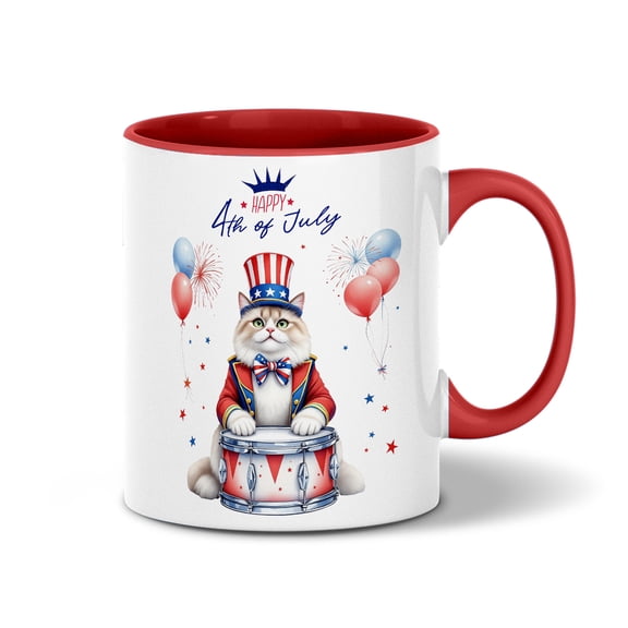 Happy 4th of July Patriotic Ragdoll Marching Band Uniform Balloons Fireworks 11oz Accent Two-tone Mug Cat Lover Kitten Owner Gifts Idea Coffee Tea Cup - 13009