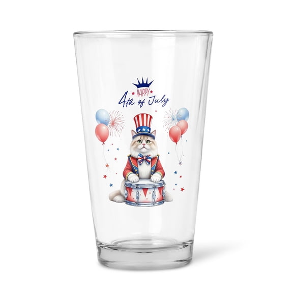 Happy 4th of July Patriotic Ragdoll Marching Band Uniform Balloons Fireworks 16oz Pint Beer Glass Mug Cat Lover Kitten Owner Gifts Idea Beer Glasses Cup - 13009
