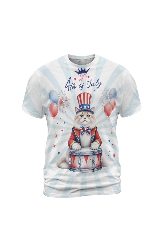 Happy 4th of July Patriotic Ragdoll Marching Band Uniform Balloons Fireworks All Over Print 3D Shirt Unisex Merch Cat Lover Kitten Owner Gifts Idea - 13009