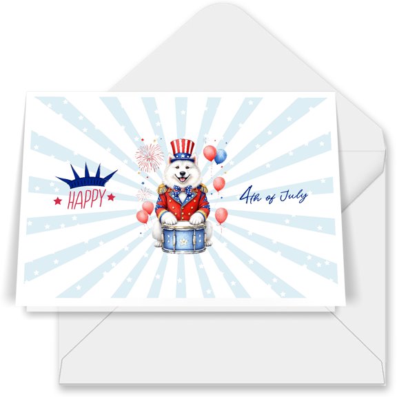 Happy 4th of July Patriotic Samoyed Marching Band Uniform Balloons Fireworks 7x5in Folded Greeting Card Siberian Sammy Dog Lover Single Note Card with Envelope - 13009
