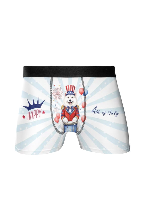 Happy 4th of July Patriotic Samoyed Marching Band Uniform Balloons Fireworks All Over Print Boxer Briefs Underwear for Men Dad Siberian Sammy Dog Lover - 13009