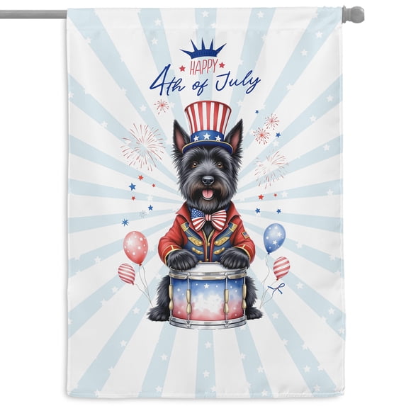 Happy 4th of July Patriotic Scottish Terrier Marching Band Uniform Balloons Fireworks House Flag 28x40in Double Sided Scottie Dog Lover Gifts Outdoor Decor - 13009
