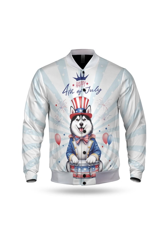 Happy 4th of July Patriotic Siberian Husky Marching Band Uniform Balloons Fireworks All Over Print 3D Baseball Jacket Husky Dog Lover Gifts Bomber Jacket Softball - 13009