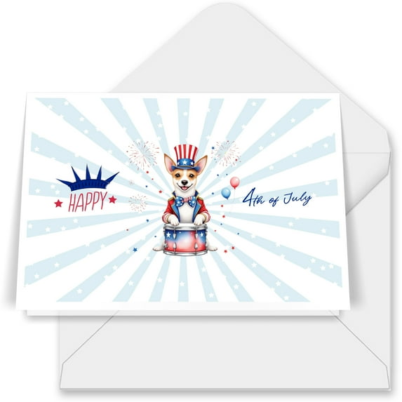 Happy 4th of July Patriotic Toy Fox Terrier Marching Band Uniform Balloons Fireworks 7x5in Folded Greeting Card Dog Lover Single Note Card with Envelope - 13009