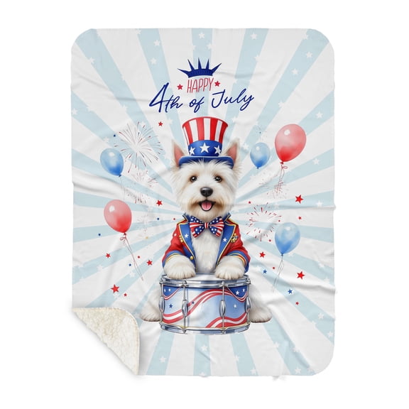 Happy 4th of July Patriotic West Highland White Terrier Marching Band Uniform Balloons Fireworks Cozy Sherpa Blanket Westie Westy Dog Lover Warm Soft Throw Blanket - 13009
