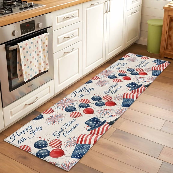 Happy 4th July Runner Rug for Hallway 2x6ft, Retro God Bless American Flag Balloon Firework Top Hat Non Slip Floor Mat Washable Low-Profile Indoor Carpet for Living Room, Bedroom, Dining Room