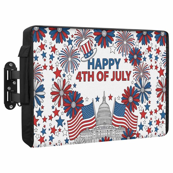 Happy 4th of July Waterproof Outdoor TV Cover, Capitol Flag Firework Sunflower Patriotic Outside Weatherproof TV Enclosures for 30 to 32 Inch LCD Television Shield Flat Screen Protectors