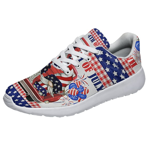 Happy 4th Of July Shoes Patriotic Gnomes Truck Print Sneakers Lightweight Comfortable Running Shoes for Men Women White Size 5