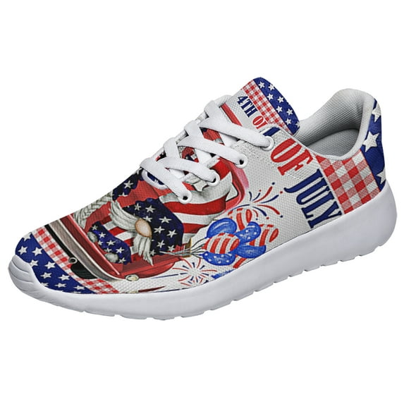 Happy 4th Of July Shoes Patriotic Gnomes Truck Print Sneakers Lightweight Comfortable Running Shoes for Men Women White Size 7.5