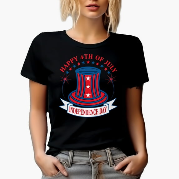 Happy 4th of July, Independence Day with American Hat, Black T-Shirt, XL