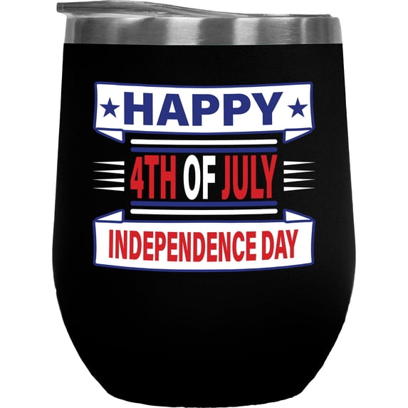 Happy 4th of July, Independence Day with Stars, Black 12oz Wine Tumbler