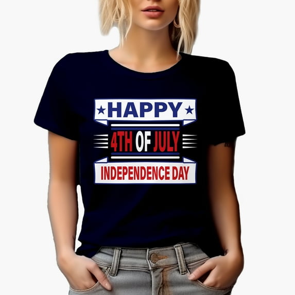 Happy 4th of July, Independence Day with Stars, Navy Blue T-Shirt, XL