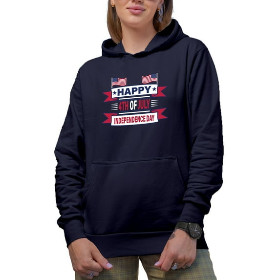 Happy 4th of July, Independence Day with USA Flags, Navy Blue Hooded Sweatshirt or Hoodie, Small