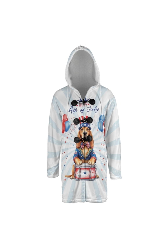 Happy 4th of July Patriotic Bloodhound Marching Band Uniform Balloons Fireworks All Over Print 3D Hooded Duffle Toggle Coat Dog Lover - 13009