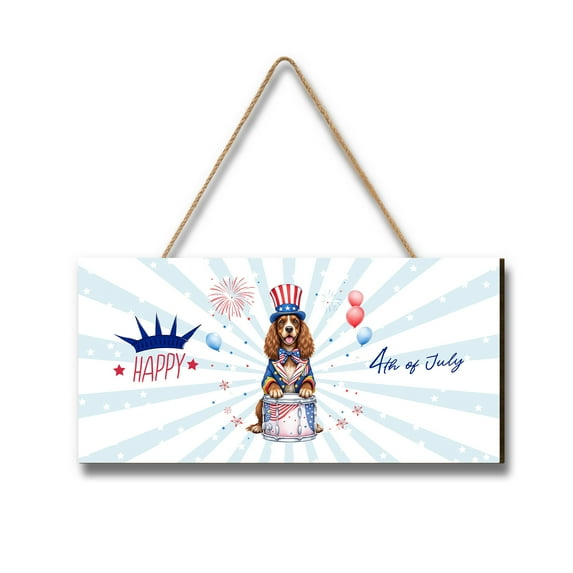 Happy 4th of July Patriotic Boykin Spaniel Marching Band Uniform Balloons Fireworks Landscape Wood Sign Dog Lover Hanging Wall Home Decor - 13009