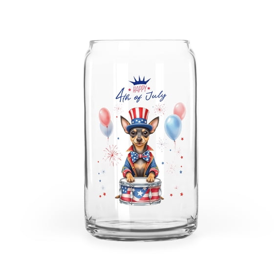 Happy 4th of July Patriotic Miniature Pinscher Marching Band Uniform Balloons Fireworks 16oz Glass Cup Mug Mini Pin Dog Lover Glass Can - 13009