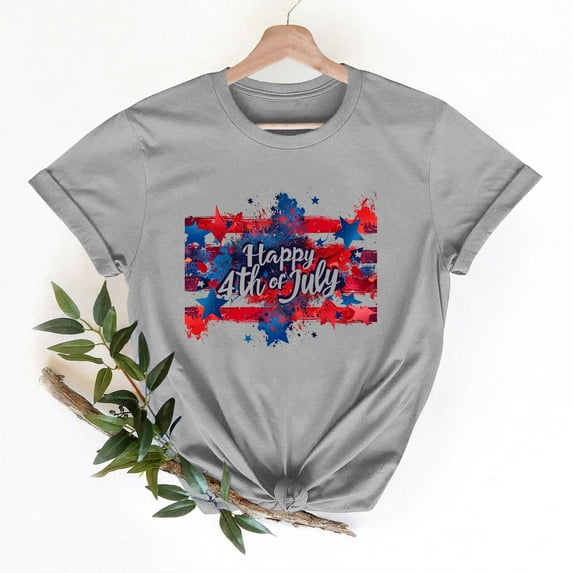 Happy 4th of July T-Shirts for Womens Patriotic Short Sleeves Shirts Loose Crewneck Cute Blouses Fashion Print Pullover Tops