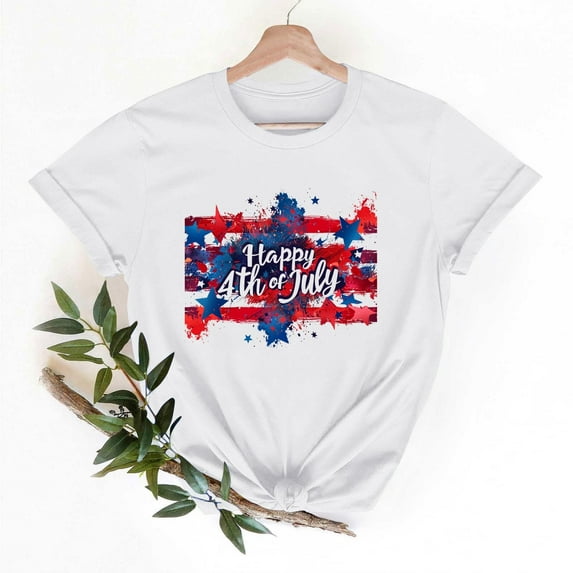Happy 4th of July T-Shirts for Womens Patriotic Short Sleeves Shirts Loose Crewneck Cute Blouses Fashion Print Pullover Tops