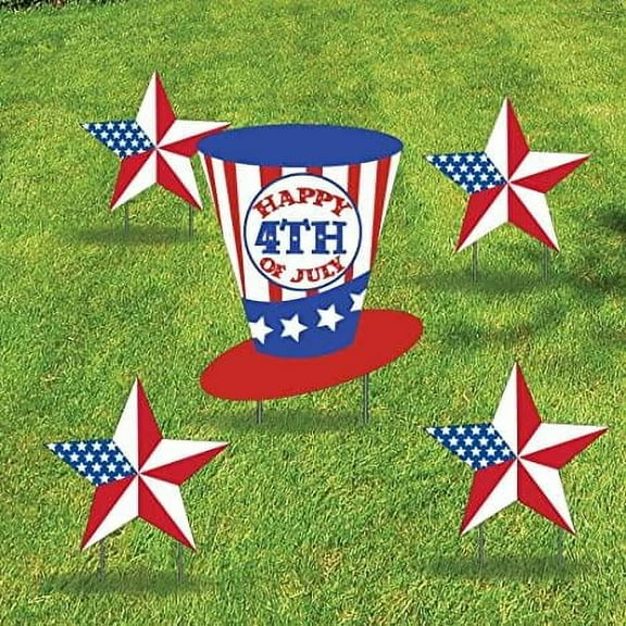 Happy 4th of July Uncle Sam Hat and American Flag Stars Yard Decorations