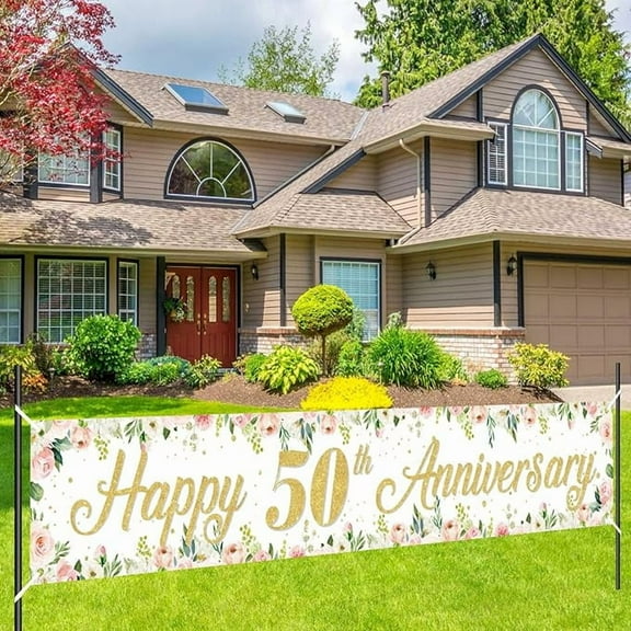 Happy 50th Anniversary Banner Decoration Gold Floral 50th Anniversary Yard Banner 50th Anniversary Yard Sign Cheers to 50 Years Decor Happy Anniversary Party Banner Photo Booth for Outdoor