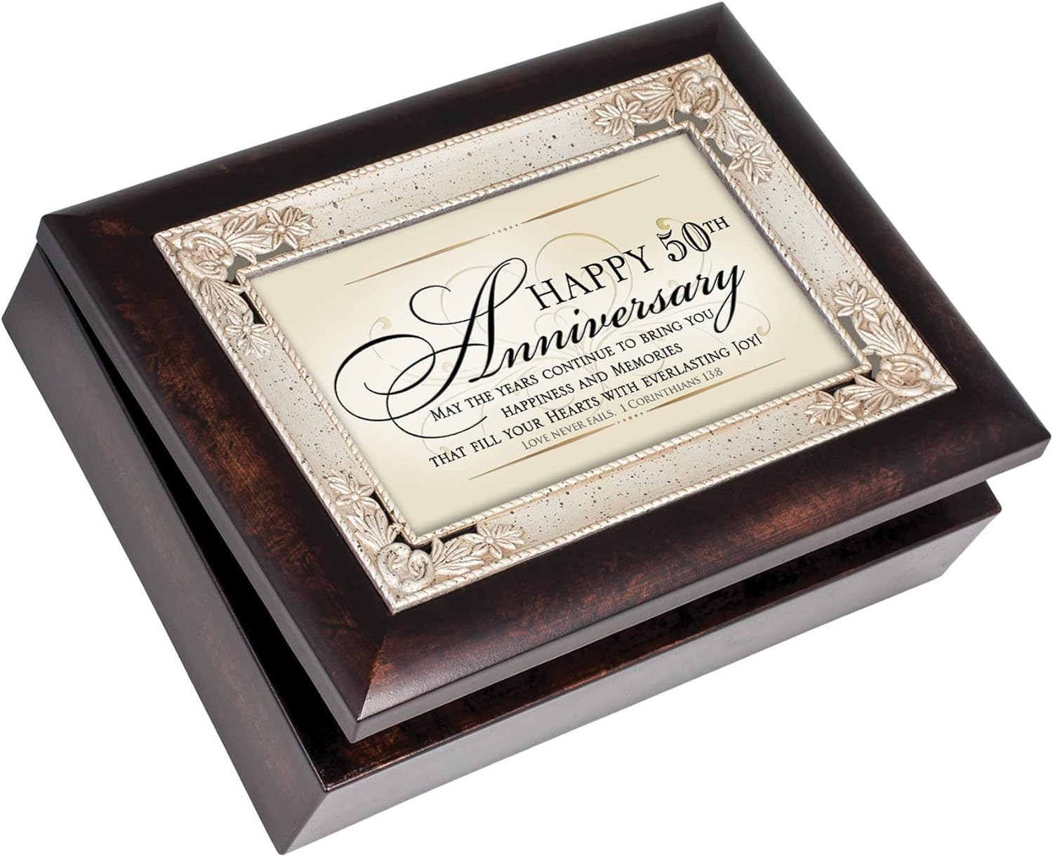 Scroll Work Box Happy 50th Anniversary Burlwood With Silver Scrollwork Musical Trinket ...
