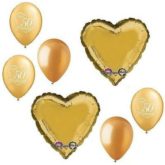 Happy 50th Anniversary Gold Heart 7 Pc Party Bouquet Decorations Balloons Set