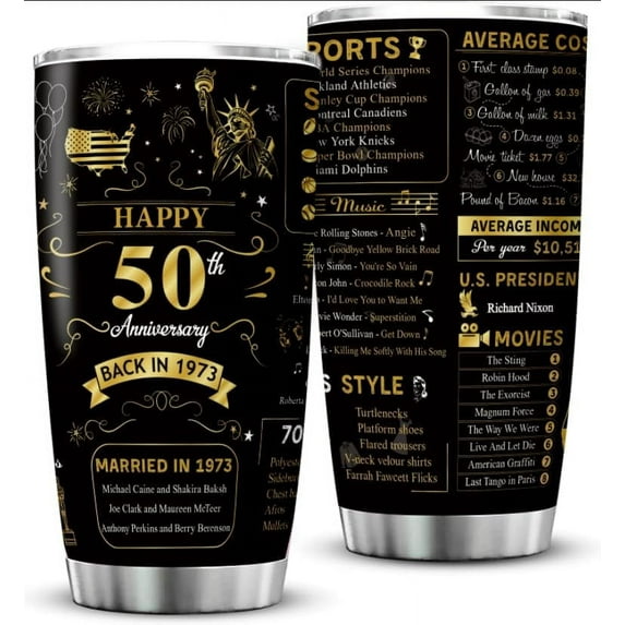Happy 50th Anniversary Wedding Gifts for Men Women 50th Anniversary Tumbler 50 Years Wedding Gifts for Couple Wife Husband Back in 1973 Stainless Steel Vacuum Insulated Tumbler 20 oz