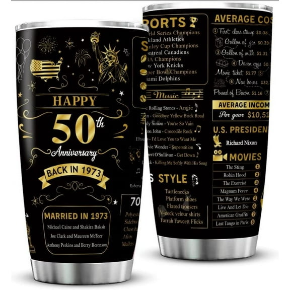Happy 50th Anniversary Wedding Gifts for Men Women 50th Anniversary Tumbler 50 Years Wedding Gifts for Couple Wife Husband Back in 1973 Stainless Steel Vacuum Insulated Tumbler 20 oz