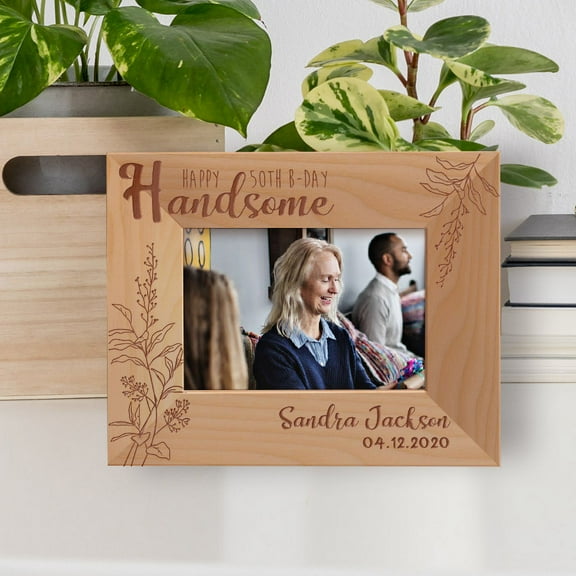 Happy 50th B-Day Handsome Personalized Wooden Frame-5" x 3 1/2" Brown Horizontal