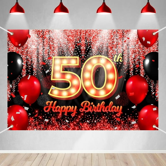 Happy 50th Birthday Backdrop Banner Black and Red Theme Background with Neon Shiny Fashion Birthday Party Photo Photography Prop Booth Background for Men Women Celebration