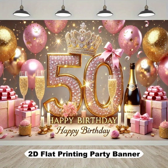 Happy 50th Birthday Backdrop Pink Gold Balloons Fabulous 50th Birthday Background for Women Glitter Diamond Crown Fifty Years Old Age Birthday Party Decorations Banner Photo Booth Props
