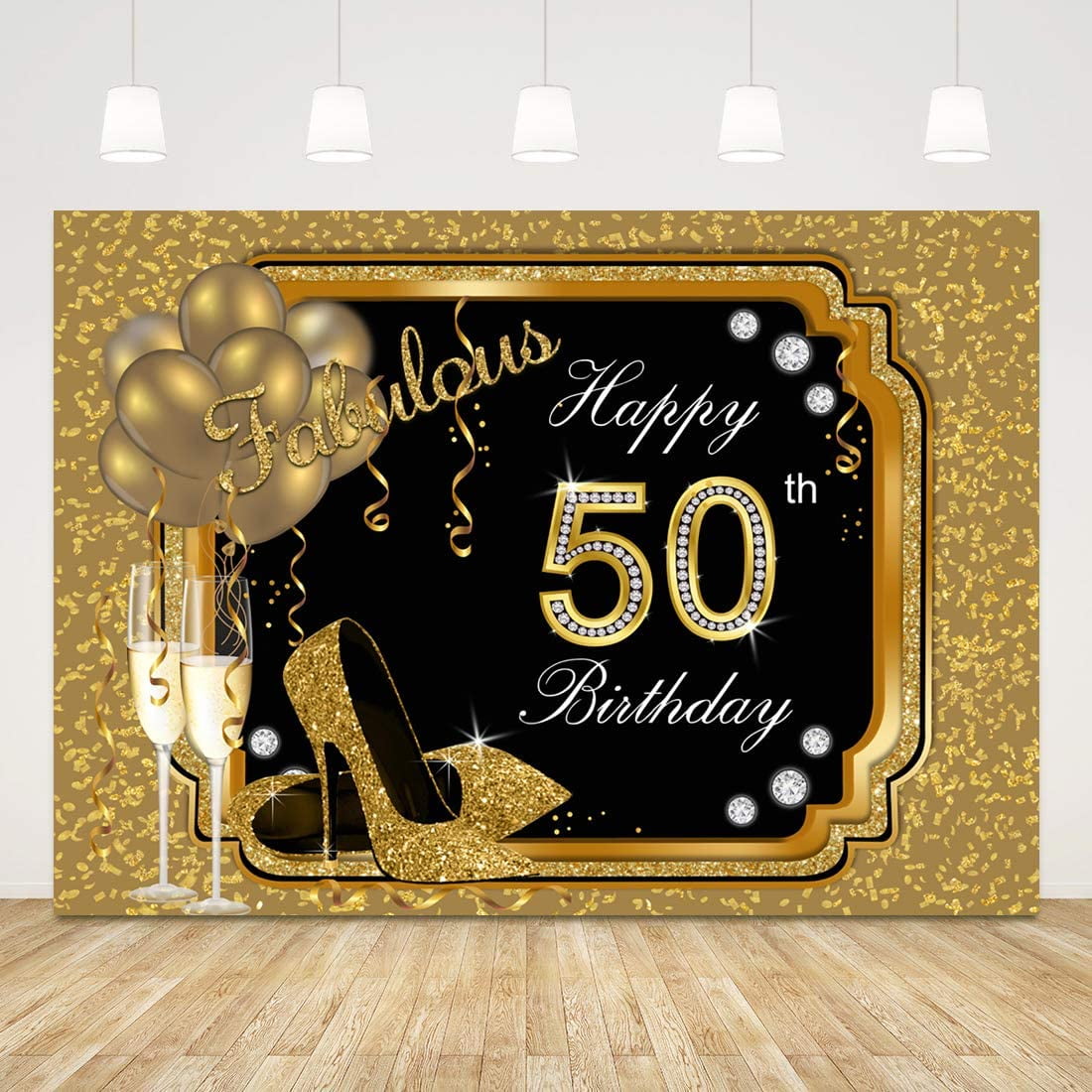 Happy 50th Birthday Backdrop for Women Black and Gold Birthday Photo ...